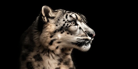 Obraz premium Side portrait of a majestic big cat, the snow leopard, showcasing its striking features. This snow leopard, known as Irbis, highlights the beauty and uniqueness of this incredible big cat.