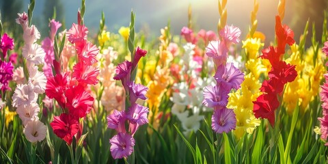 A field of gladiolus flowers blooms vibrantly, brightly lit by sunlight, set against a cropped landscape backdrop that enhances its beauty.