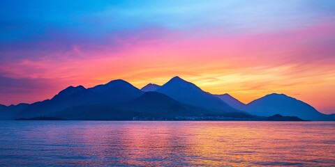 Mountain silhouette against a stunning sunset viewed from the sea, capturing the beauty of the horizon where the mountain meets the vibrant colors of the sunset over the tranquil waters.