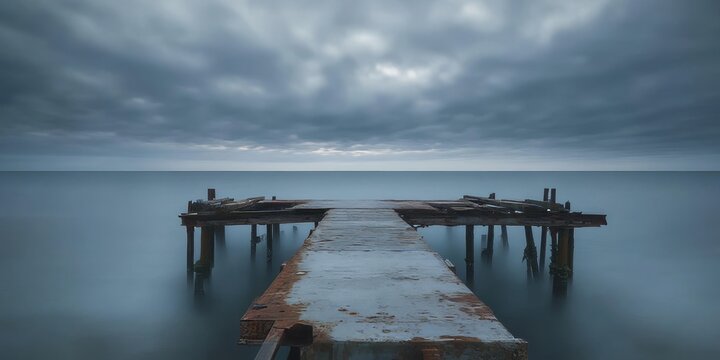 Old, rusty, abandoned pier featuring dismantled structures under an empty sky space, perfect for writing. This tranquil scene is enhanced by long exposure photography, capturing the essence of