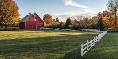 A lovely red barn is nestled amid vibrant green grass and bordered by a white rail fence, making it an ideal location for showcasing farm real estate.
