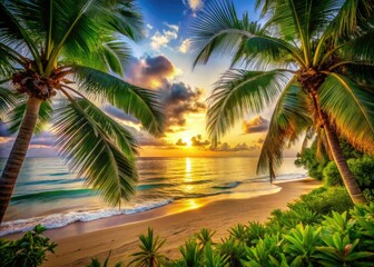 Fototapeta premium Palm tree paradise: vibrant beach backdrop, perfect for text and captivating tropical portraits.