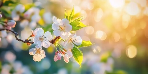 Fototapeta premium Blooming branch of cherry tree showcases the beauty of spring. This blooming branch of cherry tree adds charm to the picturesque spring landscape, celebrating nature s renewal.