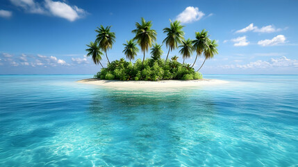Serene Tropical Island: Palm Trees, White Sand Beach, and Azure Waters