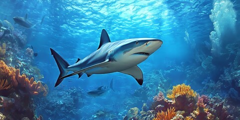 Fototapeta premium Reef sharks are seen hunting in their natural habitat at the reef, showcasing their skills and agility as they navigate the vibrant underwater world of the reef.