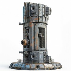 Futuristic cyberpunk inspired mechanical tower in a dark grungy and dystopian industrial landscape  This digital features a complex intricate and rusty machinery structure with gears
