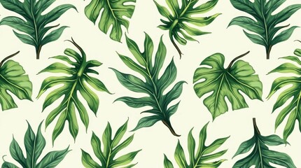 Fototapeta premium Hand-Drawn Tropical Palm Leaf Seamless Pattern in Vibrant Green