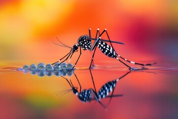 Close-up View of Aedes Mosquito Laying Eggs on Reflective Water Surface Under High Magnification with Artistic Studio Lighting Effects