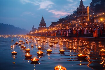 A panoramic view of the Ganges River in Varanasi, India, with thousands of oil lamps floating on its surface during the Diwali festival night.