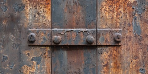 Rusty metal surface featuring a door, showcasing construction elements and rough textures. This rusty metal surface highlights the beauty in aged materials and unique textures.