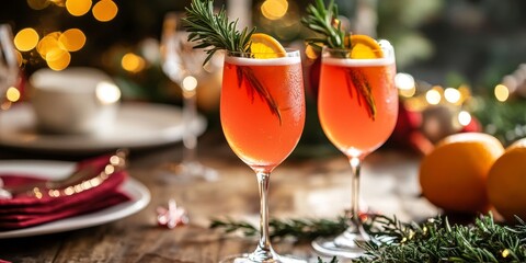 Festive Red Christmas cocktail mimosa garnished with rosemary and orange, beautifully arranged on a table with elegant napkins, perfect for holiday celebrations and gatherings.
