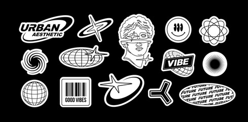 Y2K techno stickers pack of text quotes label collection (part 1). Aesthetic of retro futurism 2000s stickers with text. Black and white cyberpunk style elements