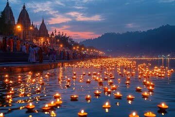 A panoramic view of the Ganges River in Varanasi, India, with thousands of oil lamps floating on its surface during the Diwali festival night.