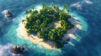 Secluded Tropical Island Paradise: An Aerial View of Pristine Beaches and Lush Palm Trees