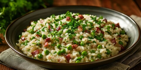 Italian risi e bisi features Venetian rice and spring green peas. This delightful spring dish combines Vialone nano rice, fresh green peas, parsley, and bacon, creating a vibrant and flavorful meal.
