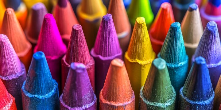 Macro view showcasing crayons and colored pencils in vibrant hues. This detailed macro view captures the essence of crayons and colored pencils, emphasizing their colors and textures beautifully.