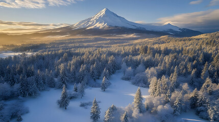 Majestic Snow-Covered Mountain and Frozen Forest at Sunrise