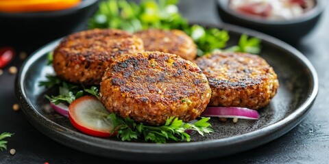 Jackfruit patties suitable for vegetarians are served on a plate, showcasing a delightful combination of flavors and textures that cater to plant based diets.