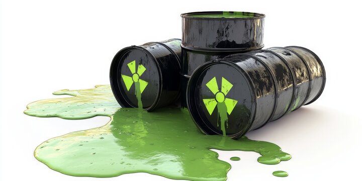 Radioactive waste barrels leaking green toxic liquid are isolated against a white background, showcasing the hazardous nature of radioactive waste and its environmental impact.