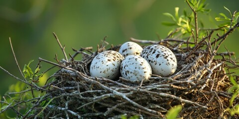 Obraz premium Osprey eggs are nestled in the nest, showcasing the delicate beauty of Osprey eggs in their natural habitat. Observing Osprey eggs provides insight into the life cycle of this magnificent bird.