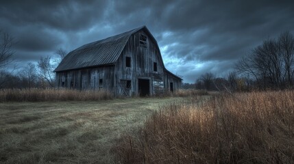 Fototapeta premium The abandoned barn exudes an eerie atmosphere, as the haunted barn stands untouched, a testament to time and mystery surrounding the haunted barn s forgotten history.