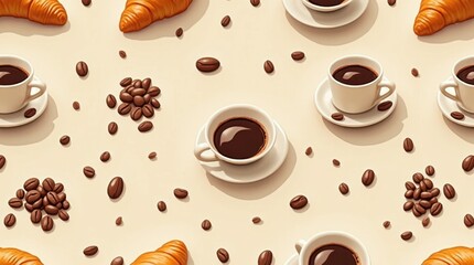 Seamless Pattern of Coffee, Beans, and Croissants