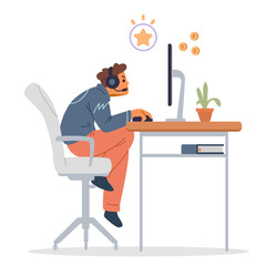 Teenage boy in earphones playing computer game flat vector illustration isolated on white.