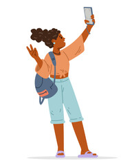 Teenage African American girl making selfie with smartphone flat vector illustration isolated on white.