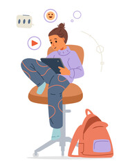Teenage girl sitting on a chair playing with digital tablet flat vector illustration isolated on white.