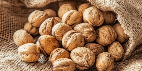 A collection of whole walnuts in their shells displayed on burlap creates a rustic and natural setting, showcasing the beauty of walnuts and the charm of burlap textures.