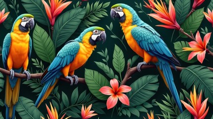 Seamless Tropical Parrot and Flower Pattern
