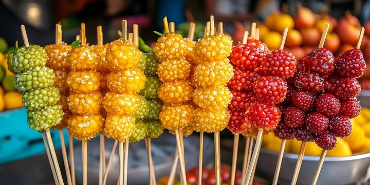 Delicious crispy sugar coated fruits displayed on bamboo sticks at a vibrant street market, enticing customers with their sweet allure and unique presentation of crispy fruits.