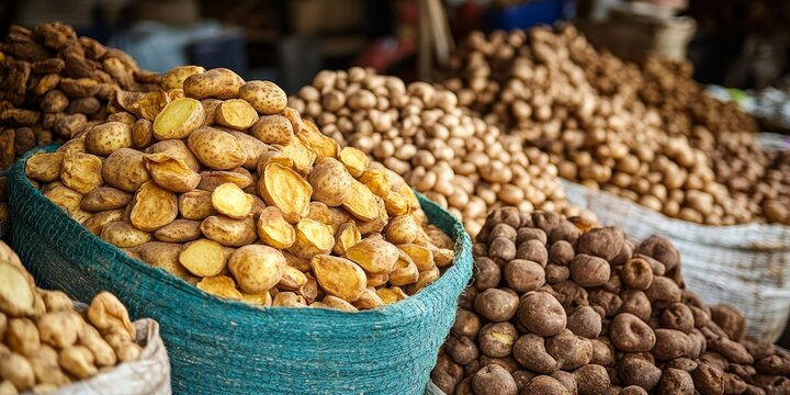 Dried potatoes, also known as chuno, showcased at a vibrant market. Discover the unique appeal of dried potatoes and immerse yourself in the rich variety of chuno available.