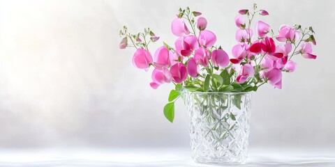 Fototapeta premium Sweat pea flowers arranged in a delicate crystal glass vase on a clean white background, showcasing the vibrant beauty of sweat pea flowers in a simple yet elegant display.