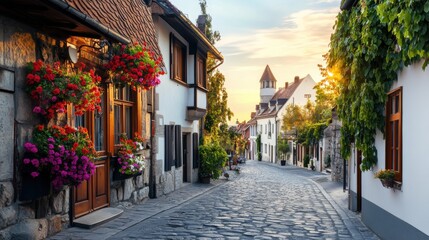 Fototapeta premium Charming cobblestone street with flower-adorned houses at sunset in a quaint village setting