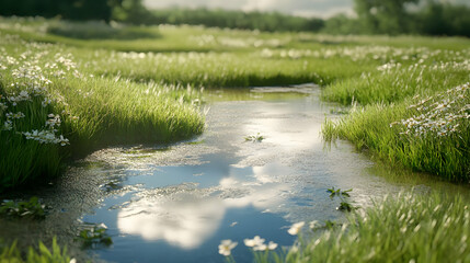 Fototapeta premium Serene Meadow Landscape: Picturesque Stream and Daisies