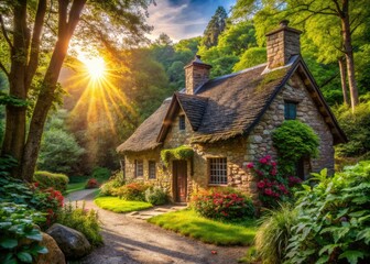 Fototapeta premium Secluded stone cottage nestled in lush green woods, a rural idyll.