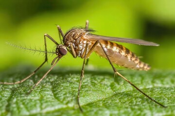 Detailed Close-Up of a Mosquito Resting on a Leaf Surrounded by Blurred Green Forest Background with Warm Natural Lighting Effect Enhancing Sharp Focus