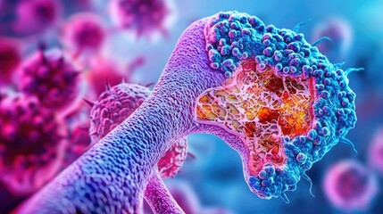 Obraz premium Hepatitis B and C disease idea. Close-up of colorful and intricate cell structures under a microscope.