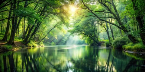 Obraz premium Serene forest river, a double exposure nature photograph, evokes tranquility and peace.