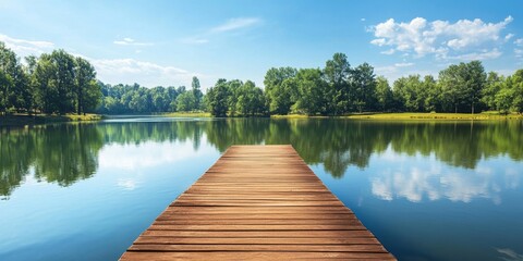 Wooden pier extends into the tranquil lake, showcasing the serene atmosphere. This picturesque...