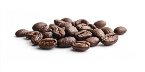 Fototapeta premium Isolated coffee beans displayed on a white background, showcasing the rich texture and color of coffee beans in a clean and simple presentation of coffee beans.