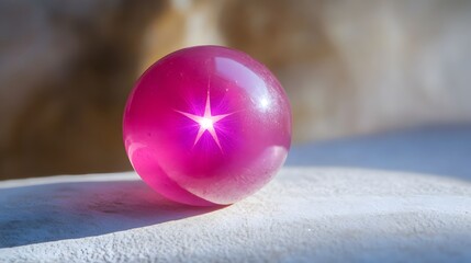 A rare example of pink star sapphire, displaying a star-like asterism pattern, placed on a white surface