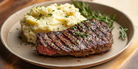 Steak served on a paper plate, accompanied by delicious mashed potato as a side dish, showcases the perfect combination of flavors for a delightful meal experience featuring steak.