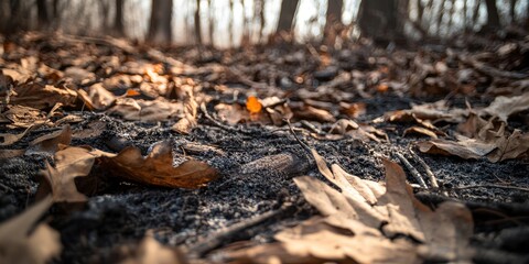 Closeup of leaves, sticks, and ash on the ground after a controlled burn, showcasing the aftermath of forest preservation efforts from a low angle perspective. The controlled burn transforms the