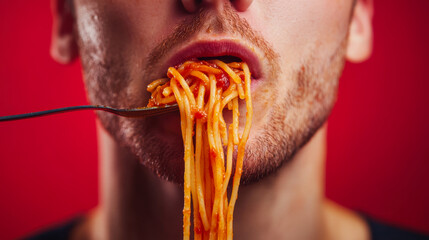 Man with spaghetti hanging from his mouth against a vibrant red background during a playful food-themed photoshoot