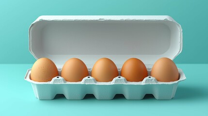 A carton containing five fresh brown eggs displayed on a turquoise background, showcasing eco-friendly packaging. Perfect for healthy cooking.