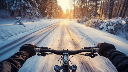 riding a mountainbike during winter in the road during mid-day with a low Angle 