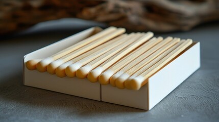 This image shows a neatly arranged box of wooden matchsticks with smooth tips, ideal for lighting fires or candles. Simple and practical design.