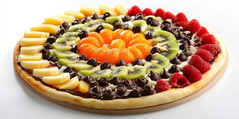 Delicious pizza topped with chocolate, sweet fruits, banana, kiwi, orange, and pear offers a unique flavor experience. This creative pizza combines all these delightful toppings on a white background.